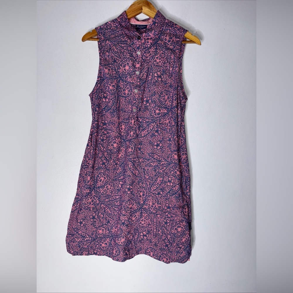 Columbia Medium Pink‎ Blue Floral PGA Sleeveless Shift Dress Collar